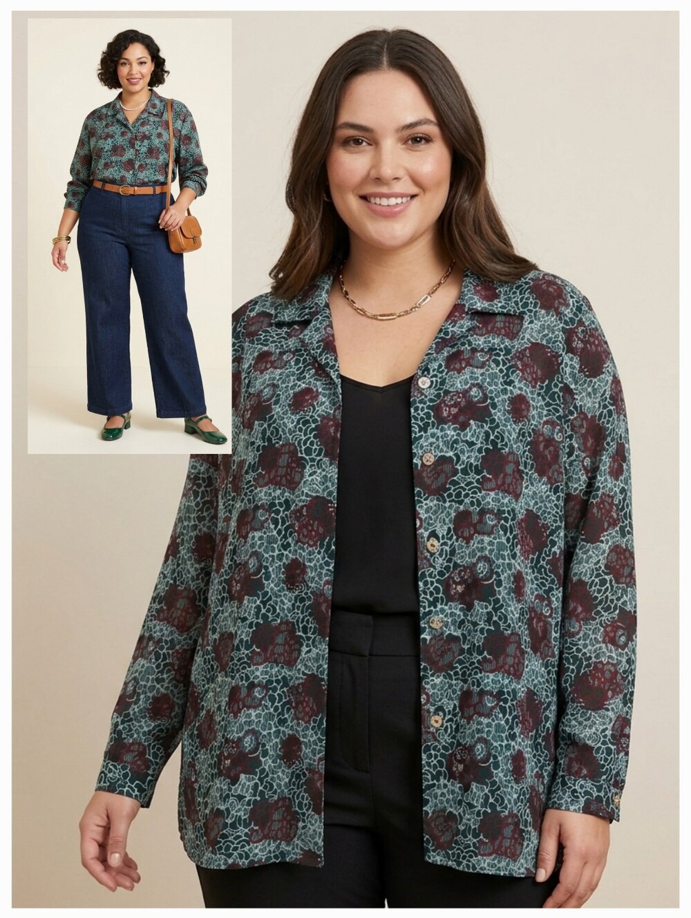 Vintage Carroll Reed Green Floral Satin Blouse Size 40 / 1X-2X Gold Buttons